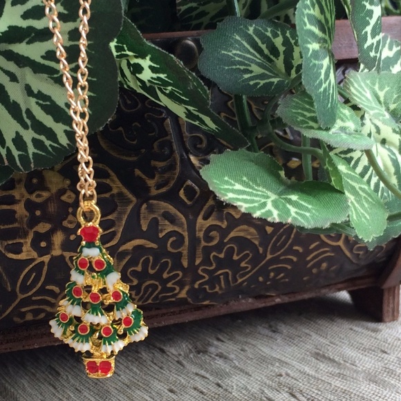 Christmas Tree Enamel Red, Green & White Necklace - Great Gift - Picture 4 of 6
